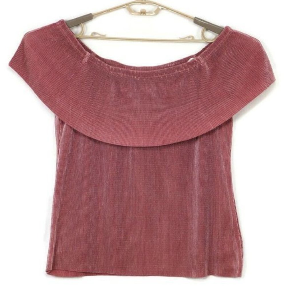 a.n.a Blouse Top Shirt Off The Shoulder Metallic Rose Pink Crinkle L Large